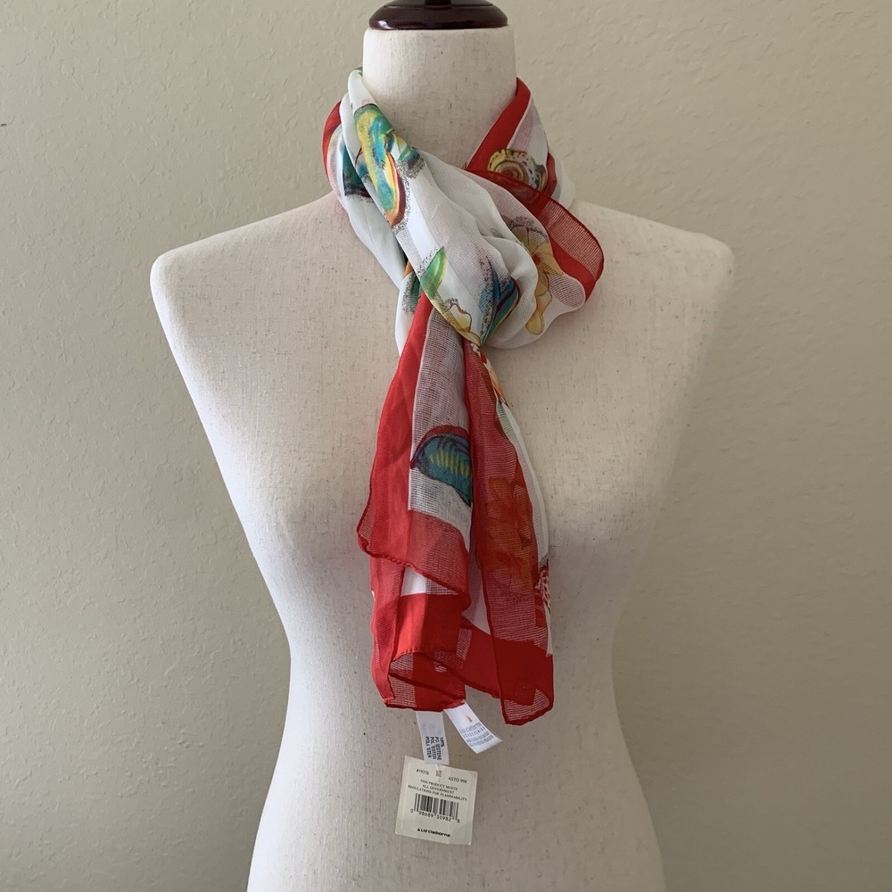 Liz Claiborne Tropical Fish Shells Flowers Rectangular Scarf BNWT‎